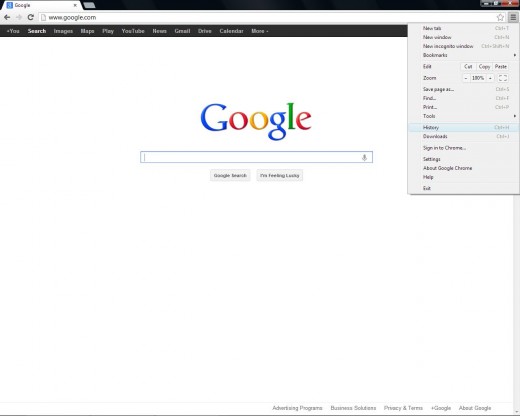 The menu options in Google Chrome are simple and straightforward, with "History" easy to find.
