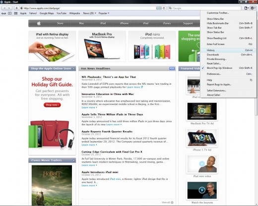The menu in Safari, like most, is located in the upper right-hand corner of the web browser.